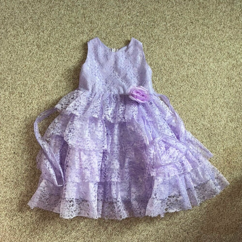 L.A. Tara for kids Purple Lace Flared Layered Dress Girls size 8 with flower